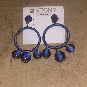 Stony Blue Hoop Drop Earrings with Satin Beads